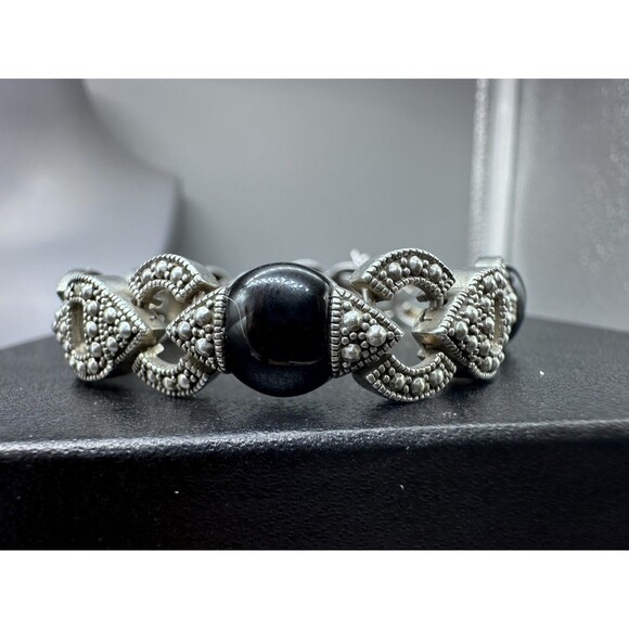 Marcasite & Onyx Art Deco Style 925 Sterling Link Bracelet - Picture 8 of 9